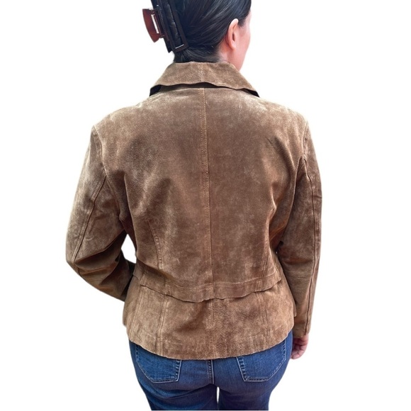 VINTAGE SUEDE LEATHER BROWN TWO BUTTON SCALLOP BLAZER JACKET COLDWATER CREEK - Picture 4 of 13